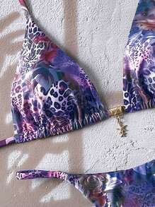 Elavelle Women's Summer Animal Print Patchwork Random Starfish Metal Pendant Sexy Spaghetti Strap Bikini Swimwear Set - Multicolor - View 5