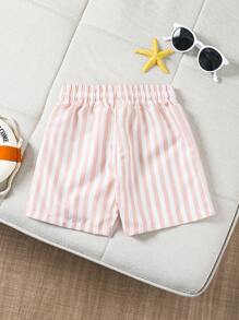 SHEIN Baby Boy Striped Simple Fashion Swim Trunks, Suitable For Summer