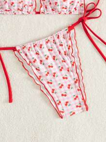 SHEIN Swim 2pcs/Set Women's Summer Beach Outfits, Random Color Cherry Printed Halter Backless Crop Top With Tie Side Bikini Bottom Swimwear - Multicolor - View 6