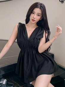 DAZY Blusa elegante de verano de unicolor, ajustada, con pliegues y cordón para salir - Negro - Ver 1