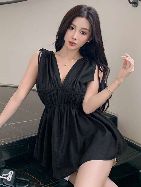 DAZY Women's Solid Color Fitted Ruched Drawstring Elegant Summer Blouse Going Out Tops