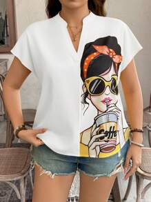 SHEIN LUNE Plus Size Women Figure Graphic Short Sleeve Blouse Western Wear Boho Bohemian 90s Festival Summer Going Out Spring Boho Old Money Easter Spring Beach
