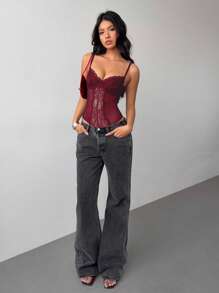 Aloruh Ladies' Elegant Sexy Lace Patchwork Bodysuit - Burgundy - View 6