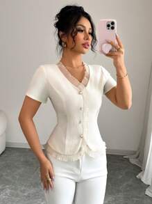 Elenzga Women's Solid Color Contrast Mesh Ruffle Trim Single-Breasted Short Sleeve Blouse - Apricot - View 7