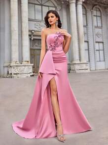 Glamrae 优雅奢华的粉色不对称美人鱼下摆亮片和水晶装饰长裙，适合晚会、派对、约会、舞会、正式场合、礼服、晚会、婚礼宾客 - 粉色 - 查看 5