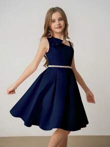 Tween Girl Sleeveless Bowknot Waist A-Line Elegant Minimalist Wedding Party Dress With Belt