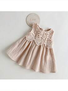 Loomiva Newborn Baby Girl Solid Color Ruffle Trim Round Neck Sleeveless Cinched Waist Dress