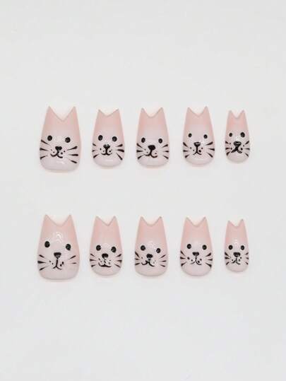 Kawaii 10pcs/Set Handmade High-Quality Cute Cat Element Fake Nails + 3pcs Double-Sided Adhesive, Removable Line Drawing Pink & White Ombre Nail Stickers, Niche Sweet Style Cat Ear Nail Art, Suitable For Holiday Party, Dance And Daily Wear