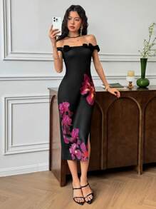 EastFlair Women's Floral Print Off Shoulder Fitted Midi Dress With 3D Flower Decor, Suitable For Vacation - Black - View 4