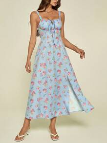 SHEIN Tall Vintage Garden Queue Patterned Square Neckline Sleeveless Ladies' Dress With Floral Bustier, Spring/Summer - Blue - View 9