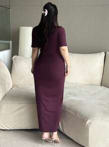 Dazy Plus Solid Dark Purple Square Neck Tie Waist Dress