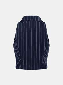 Girlism Teen Girls Back To School, Campus, Navy & White Striped Thin Blazer Top And Low Waist Suit Pants 2 Pieces Set