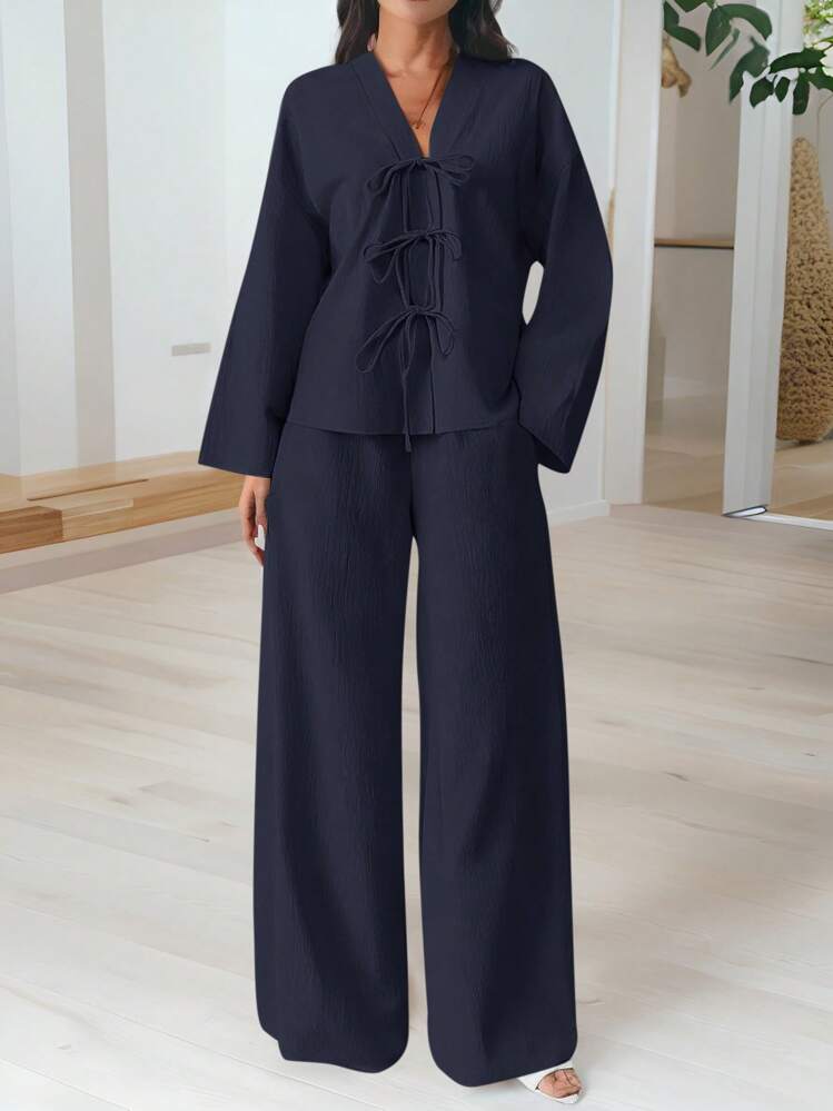 Firerie Women 2 Pieces Set: Elegant Casual Front Tie Loose Shirt And High Waist Elastic Waist Wide Leg Pants,Business Casual Woman | SHEIN USA
