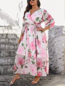 SHEIN Clasi Plus Size Women China Style Flowy White Dress,Autumn Elegant Tea Party Holiday Casual Loose Maxi Gown Suitable For Street,Vacation,Festival Boho - Pink - View 4