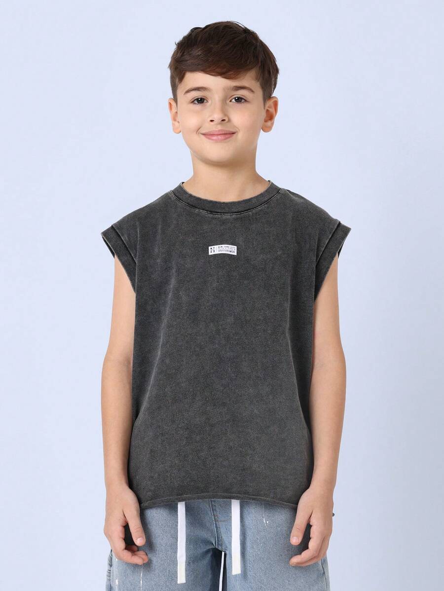SUMWON Signature Collection Sleeveless Tank Top Athletic Muscle Shirt Raw Edge Modern Cut Premium Comfort Wear Urban Summer Style Washed Statement Casual Top Youth - Dark Grey - View 1