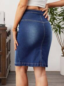 Breezaya Women's Casual Blue Denim Knee Length Skirt With Button Front And Front Slit - Blue - View 2