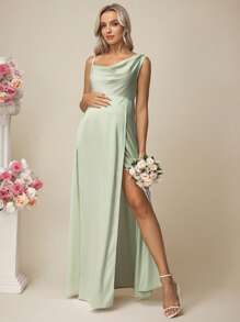 SHEIN 缎面无袖开衩孕妇装，适合伴娘礼服、晚会/婚礼派对 - 綠色 - 查看 6