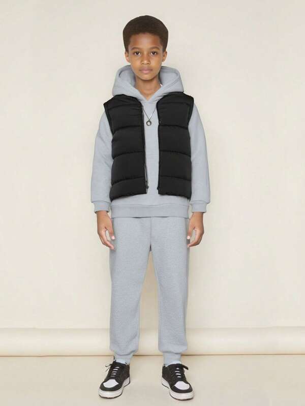 SHEIN Tween Boy 1pc Zipper Front Vest Padded Coat & 1pc Hoodie & 1pc Sweatpants