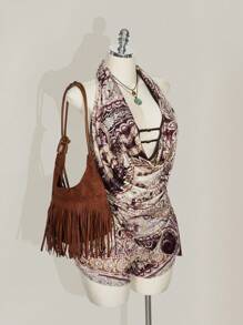 SHEIN ICON Plus Size Bohemian Style Print Halter Asymmetrical Hem 2pcs Set, Backless Crop Top & Shorts, Western Style Outfit - Multicolor - View 7