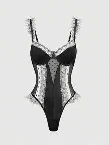 ROMWE Goth 深色哥特式浪漫蕾丝提花荷叶边波尔卡圆点格子蝴蝶结钢圈紧身衣 - 黑與白 - 查看 1