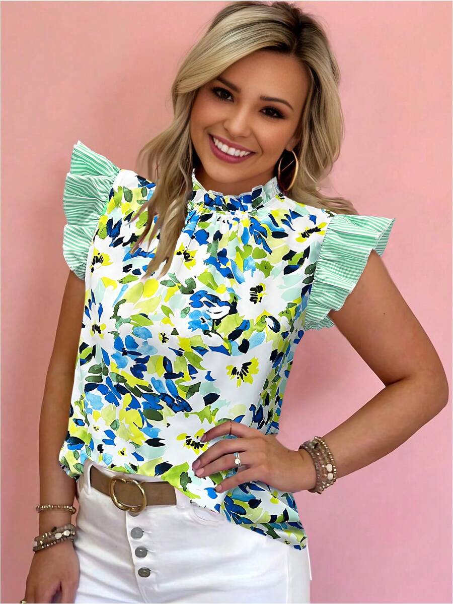 SHEIN Clasi 休闲花卉条纹印花衬衫，夏季