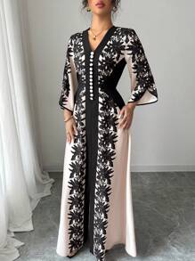 Rafferiza Vestido floral de manga media con cuello de corbata y bloque de color, estilo casual para mujer - Albaricoque - Ver 5