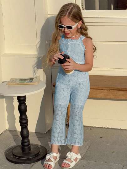 SHEIN Elladie kids 2st/set Girls Casual Spets Camisole Topp + Spets 3/4 byxor, Sweet Teenage Summer Outfit