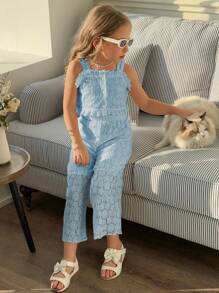 SHEIN Elladie kids 2 件套女童休闲蕾丝吊带背心上衣 + 蕾丝 3/4 裤，甜美少女夏季服装 - 藍色 - 查看 5