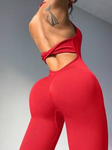 SHEIN Sports 纯色弹性吊带露背连体衣，夏季运动 - 紅色 - 查看 6