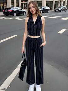 Girlism Teen Girls Back To School, Campus, Navy & White Striped Thin Blazer Top And Low Waist Suit Pants 2 Pieces Set