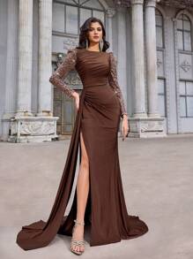 Aureia Spring And Summer Elegant Romantic Gorgeous Coffee Color Luxury Sequins Embroidery Stitching Elastic Knitted Material Round Neck Gathered See-Through Long Sleeves High Slit Slim Fishtail Hem Dress, Suitable For Single Party Date Dance Birthday Holiday Wedding Event Music Festival Dinner Dress, Wedding Guest Dress, Formal Dress, Evening Dress, Gown, For Valentine's Day - Coffee Brown - View 7