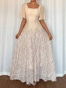 Rafferiza Váy chắp vá sequin xòe đơn giản cổ vuông thanh lịch cho nữ mùa hè, màu mơ - Màu be - Xem 5