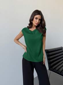 Firerie Áo cánh satin không tay cổ bèo nhún bất đối xứng mới cho mùa xuân và mùa hè dành cho nữ, màu mơ, thích hợp cho các buổi hẹn hò, đám cưới, đi làm và mặc đi làm, sang trọng thanh lịch - Màu xanh lá cây đậm - Xem 4