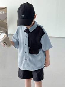 SHEIN Set de 2 piezas estilo casual escolar para niño pequeño, compuesto por camisa de manga corta suave y cómoda, y pantalones cortos sueltos versátiles, adecuado para primavera/verano, uso diario, deportes, al aire libre, campus, fiesta, festival, fotografía - Neblina azul - Ver 7