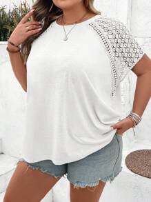 SHEIN CURVE+ Plus Size Color Block Lace Splicing Short Sleeve T-Shirt, For Beach And Vacation - White - View 7