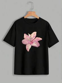SHEIN Unity تيشيرت قصير الأكمام بياقة دائرية، بطبعة زهور بسيطة للصيف، بلس سايز، تيشيرت نسائي كاجوال فضفاض، مناسب للارتداء الصيفي