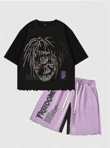 ROMWE MEN Street Life Men's Loose Fit Hip Hop Graphic Print T-Shirt & Shorts Set, Casual Summer Outfit - Purple - View 1