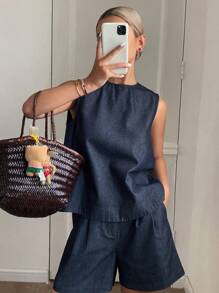 Livesso 2 件套女士露背牛仔衬衫和短裤，深水洗蓝色