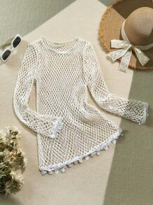 SHEIN Tween Girls Grid & Seashell Pattern Beach Cover-Up Dress, Long Sleeve - Beige - View 2