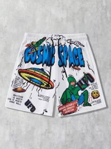 ROMWE MEN Street Life Men's Printed Woven Casual Shorts, Suitable For Spring & Summer - White - View 1