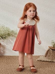 Blossori 女婴圆领无袖砖红色连衣裙，春夏 - 棕色 - 查看 3