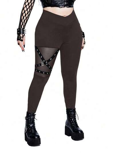 Whyspr 大码女式网眼拼接渔网紧身裤，配松紧腰带