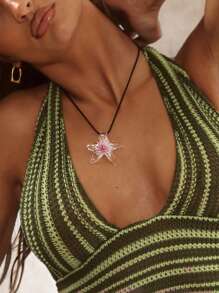 Musera Resort Extreme Plunge Tie Halterneck Striped Crochet Top Boho Ibiza Cute Sexy Vacation Summer Beach Swimwear Cover Up Hot Skin Fall Winter - Multicolor - View 6