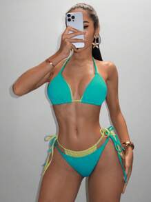 SHEIN Swim 女士夏季海滩两件套撞色吊带性感比基尼套装 - 彩色 - 查看 4