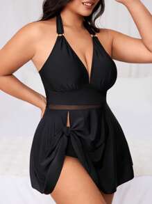 Swim Chiccia 1 Set Plus Size Women Mesh Patchwork Tankini Sets Swimdress, Black Beach Vacation Casual Swimwear For Summer - Black - View 5