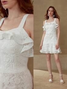PREMIUM RUFFLE CONTRAST LACE DRESS - White - View 2
