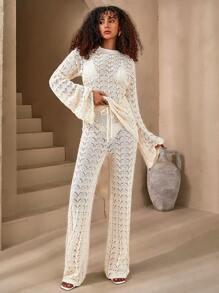 SHEIN Tall Woman Crochet Detailed Two Pieces Outfit - Apricot - View 5