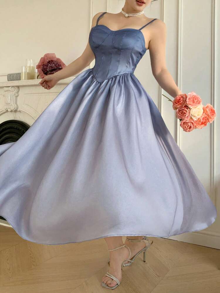 Ombre Color Sleeveless Pleated Midi Dress For Women