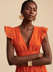 Travachic 女士度假刺绣深 V 领系腰迷你盖袖连衣裙 - 橘色 - 查看 4