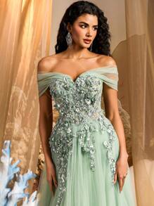 Glamrae Elegant And Gorgeous Light Green Off-Shoulder Luxury 3D Floral Lace Beads Bright Floral Appliques Contrast Mesh Oversized Hem Tutu Dress Suitable For Wedding Events, Bachelorette Party, Vacation, Graduation Season Prom Dinner Dress (Heavy Duty Design), Formal, Gown, For Evening, Wedding Guest - Green - View 4